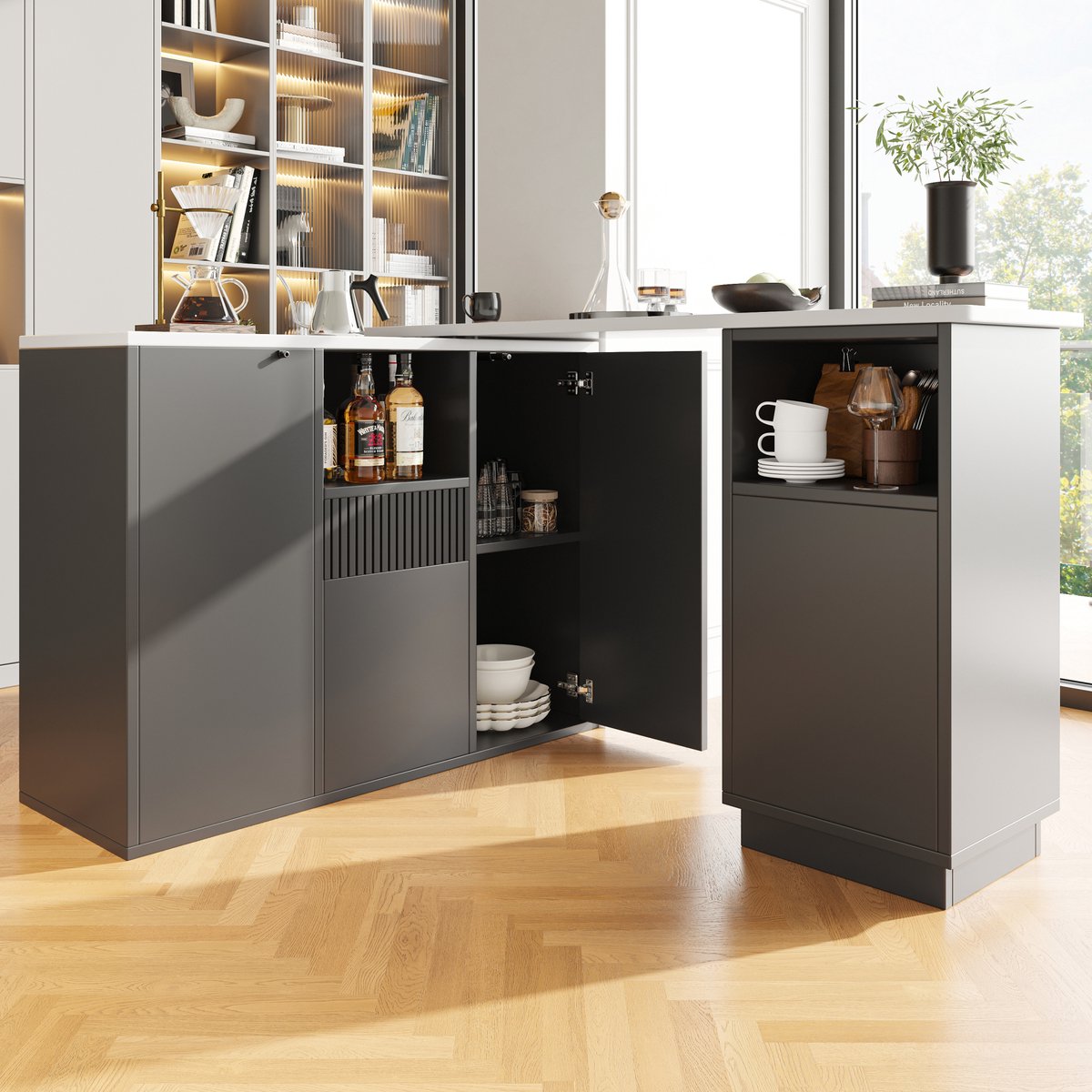 MEUNIQ Bartafel 210 x 30 x 100,9 cm 360° draaibaar met open en gesloten opbergruimte, marmerlook blad, L-vorm of rechte opstelling voor keuken of eetkamer, zwart