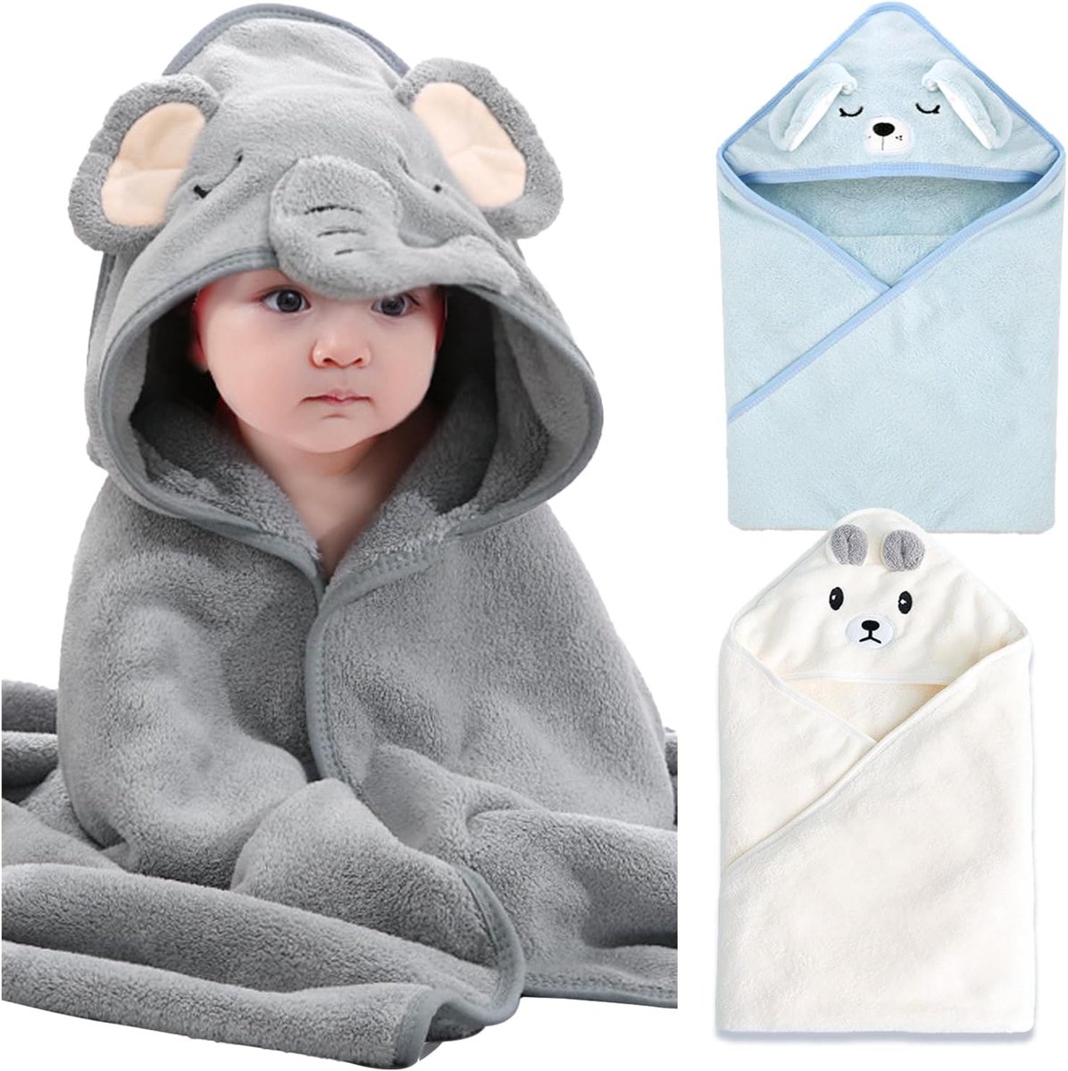 SnelShoppen - 3-delige Badcape Baby 80 x 80 cm met Kap - Zachte Absorberende Handdoek voor Geboorte - Coral Velours - Ideaal voor Baby's en Peuters