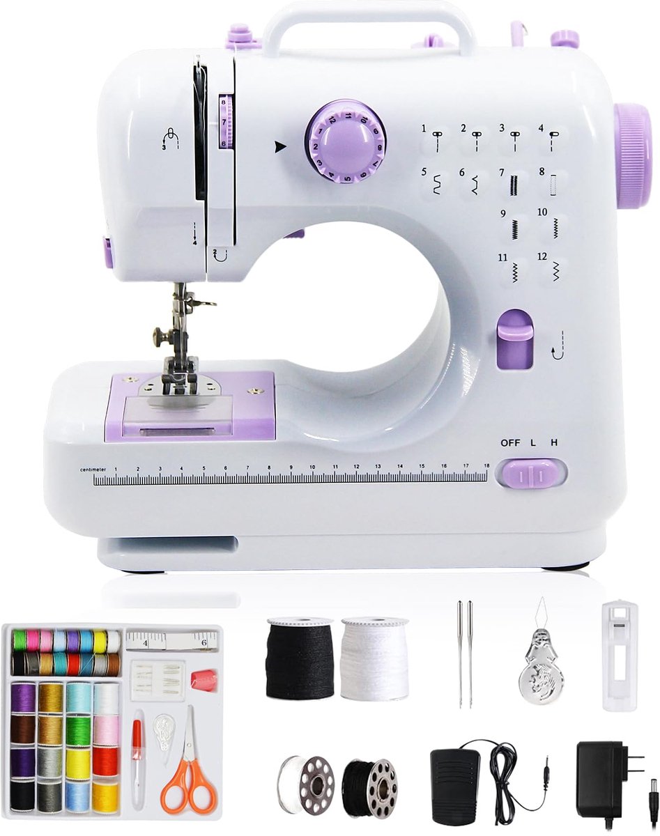 SnelShoppen - Draagbare Naaimachine voor Beginners en Kinderen - 12 Steekprogramma's, Kleine Elektrische Naaimachine in Paars voor Creatief Gebruik en