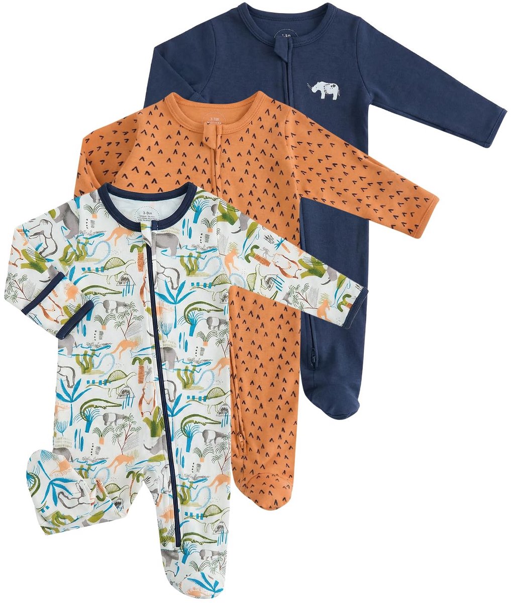 SnelShoppen - Babypyjama Set van 3, Katoenen Romper Uniseks Babyoverall met Ritssluiting, Voeteneinde en Inklapbare Wanten voor Pasgeborenen tot 12 Ma