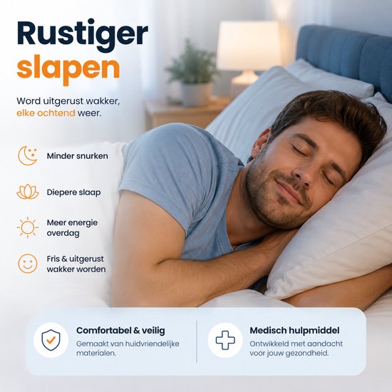 Man slaapt rustig, met tekst 'Rustiger slapen', 'Minder snurken', 'Diepere slaap', 'Meer energie', 'Fris & uitgerust wakker worden'.