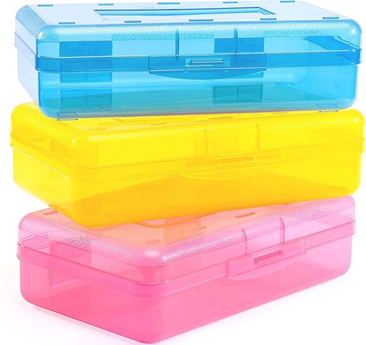 3-pack pennendoos, grote harde pennendoos, transparante krijtdoos, opbergdoos voor markeerstiften, plastic opbergdoos met klikdeksel, stapelbare opbergdoos voor knutselspullen voor de start van het schooljaar, levendige kleuren
