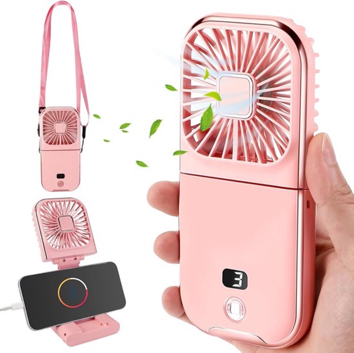 Handventilator - Powerbank 3000 mAh - Draagbare Mini Ventilator - Kleine USB-Ventilator - Oplaadbare Batterij - Digitaal Beeld - 4 Standen - Stille - Nek Ventilator USB Oplaadbaar - Opvouwbaar Met Display - Voor Thuis, Kamperen EN Reizen - Roze