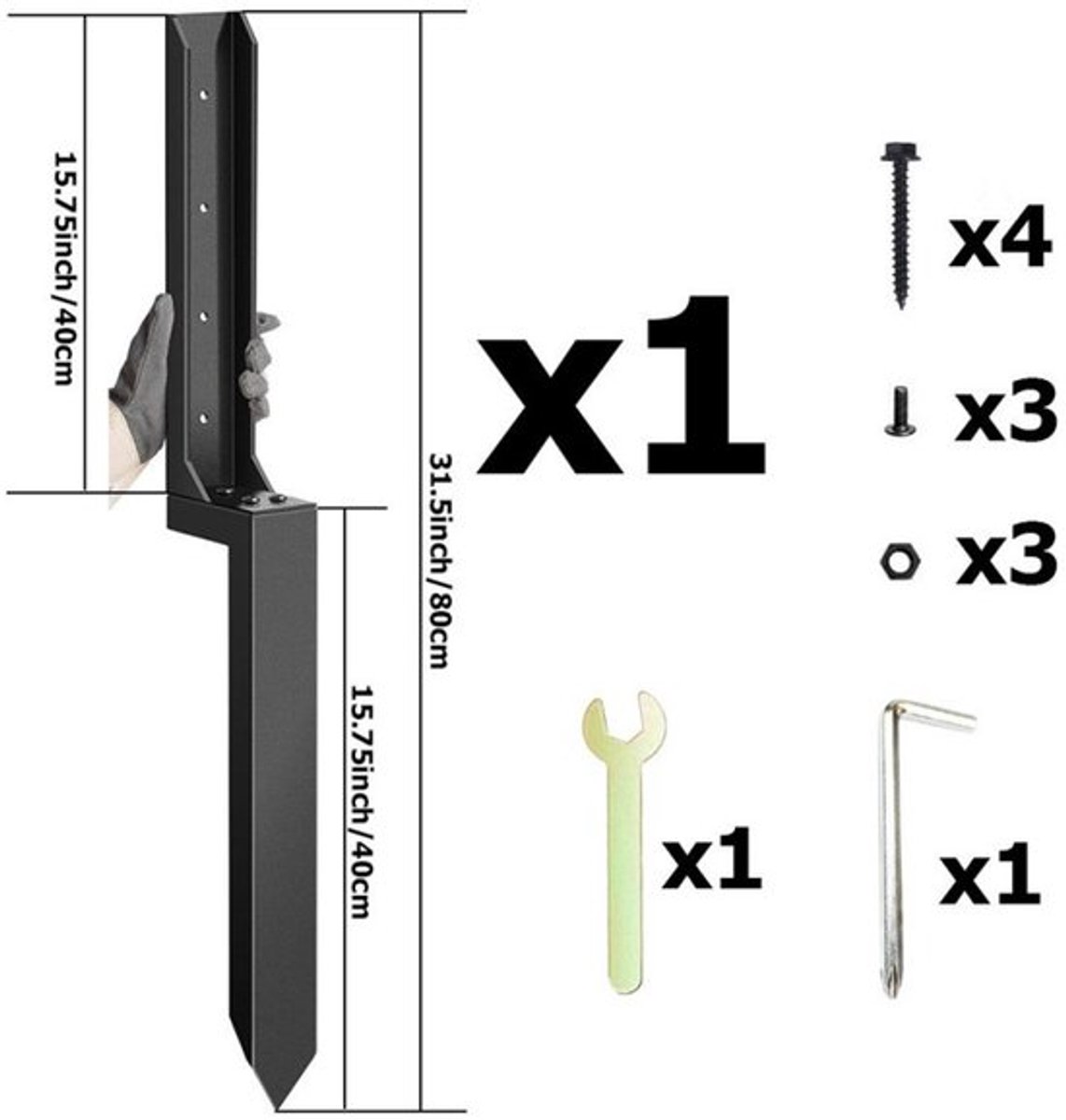 Zware stalen hekpaal, reparatiepaal voor hek, grondspijkers voor het repareren van scheve of beschadigde houten hekpaaltjes, set, stijl 1