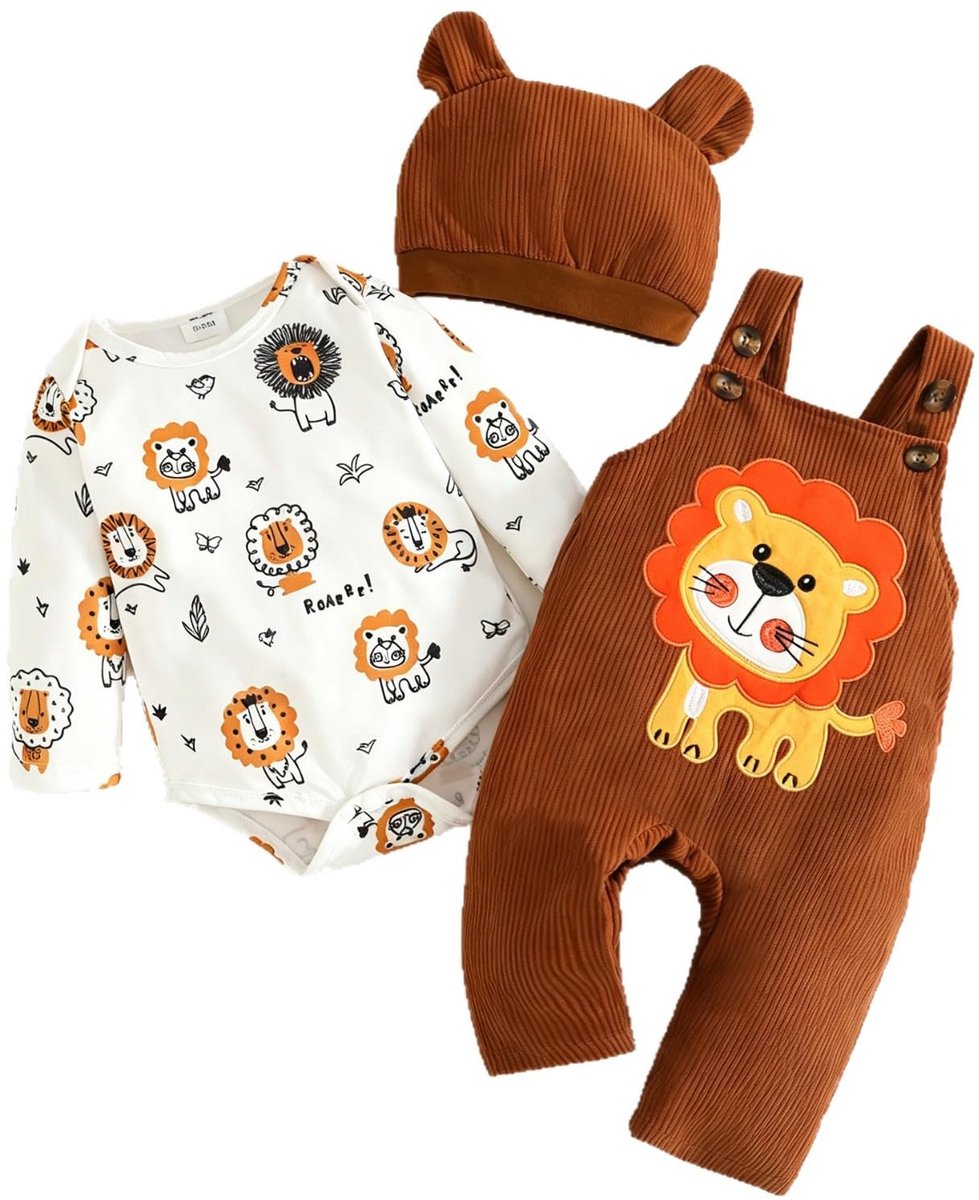 SnelShoppen - Babykleding Jongens Lange Mouwen Gestreept Bovenstuk Dinosaurussen Overall Verstelbare Bretels Bruine Leeuw Patroon 6-12 Maanden