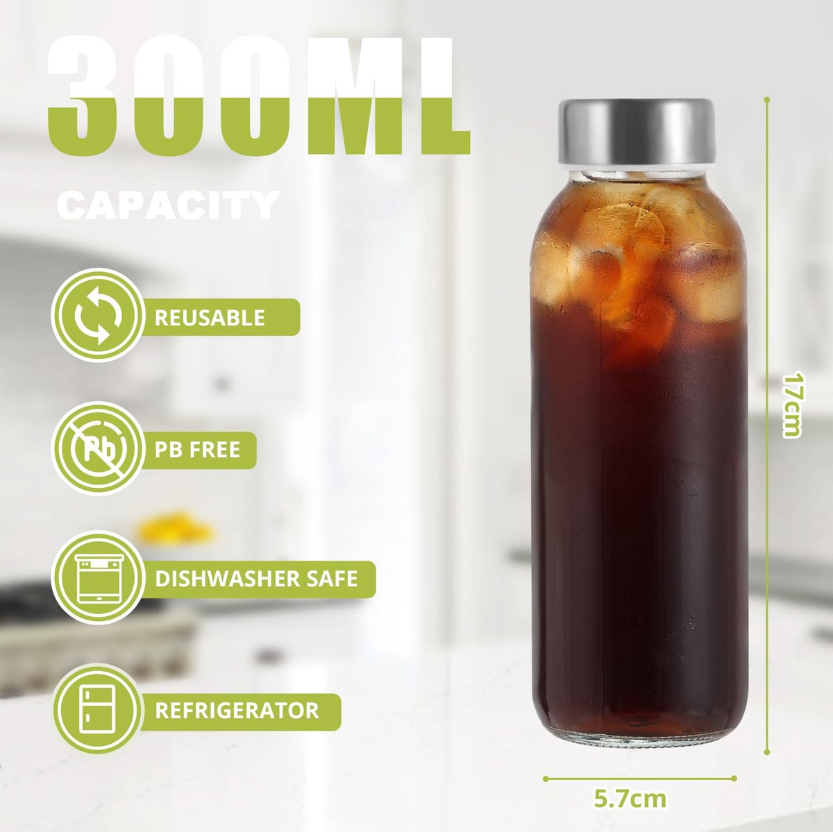 SnelShoppen - Glazen flessen met roestvrijstalen deksels, 300/350/750/1000 ml herbruikbare drinkflessen, lekvrij voor warme en koude dranken, ideaal v