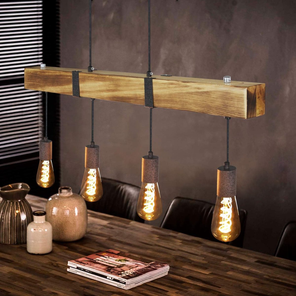SnelShoppen - Vintage Hanger Lamp - 80 cm Houten Pendel Lamp - Retro E27 4x max. 25W - Industrieel voor Eetkamer, Keuken, Woonkamer, Bar en Restaurant