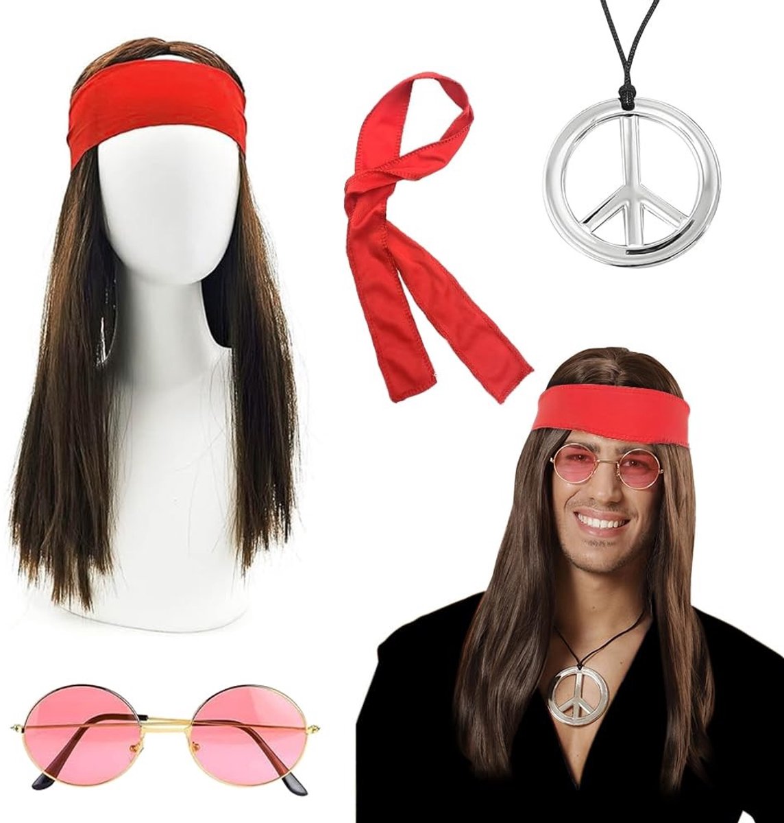 Dailygoods- Hippiekostuum 4-delig - Pruik - Zonnebril - Peace-halsketting - Hoofdband - Synthetisch materiaal - Thema Kostuum