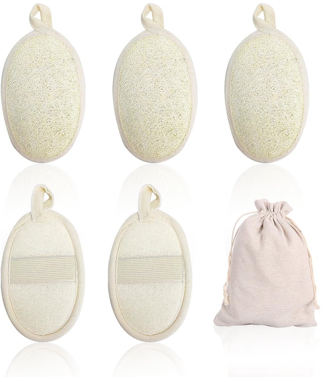 Dailygoods- Luffa Spons 100% Natuurlijke Lufa - 5 Stuks - Gezichts/Scrub Spons - Opbergzak - Lichtgewicht - Zachte Peeling - Scrubspons