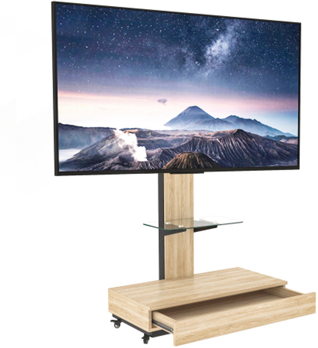 Mobiele TV Kast met Lades – Verstelbare TV Wagen voor 32-75 Inch – TV Meubel op Wielen – Voor Woonkamer, Slaapkamer en Kantoor – Naturel – 80 x 40 cm