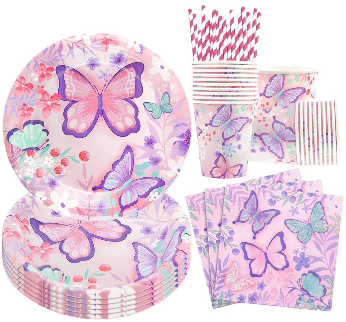 Dailygoods- Vlinderfeestservies 50-delig - Feestborden - Bekers - Servetten - Verjaardagsservies - Kinderen - Biologisch afbreekbaar - Feestservies