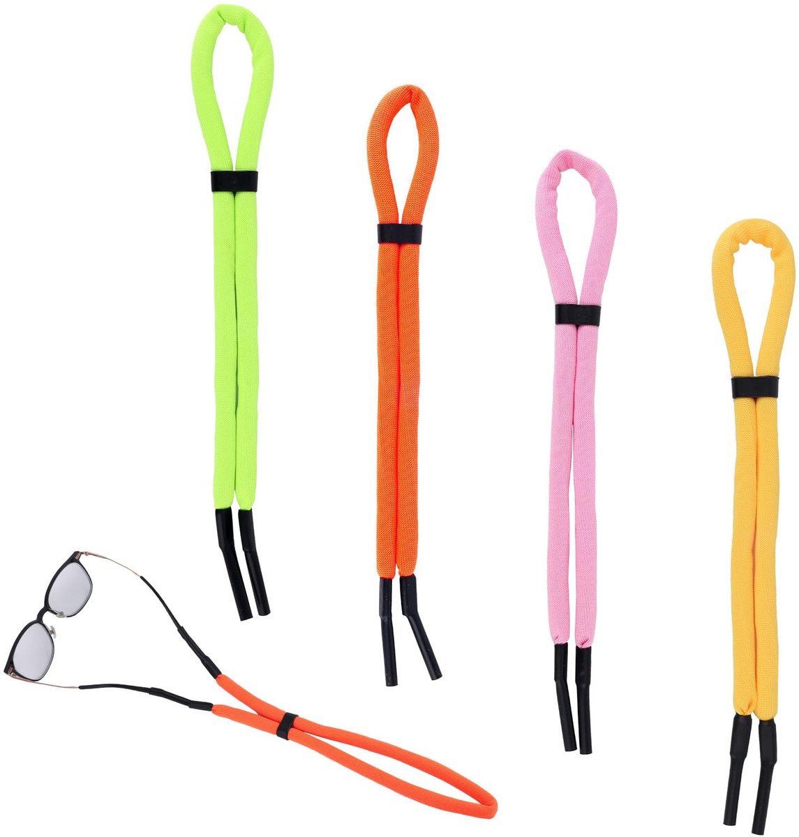Dailygoods- Brilkoordhouder Verstelbaar - 4 Stuks - Drijvende Zonnebrilband - Antiverlies - Polyestervezel - Fluorescerend Geel/Oranje/Roze/Geel