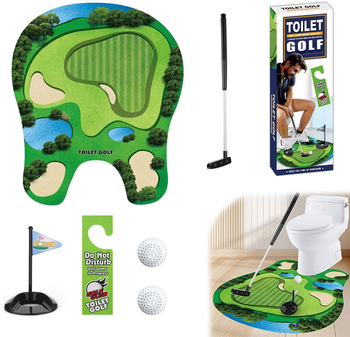 Dailygoods- Toiletgolfcadeauset - Complete Minigolf Set - Verstelbare Golfclub - Puttingmat - 2 Golfballen - Origineel Cadeau-idee - Minigolfset