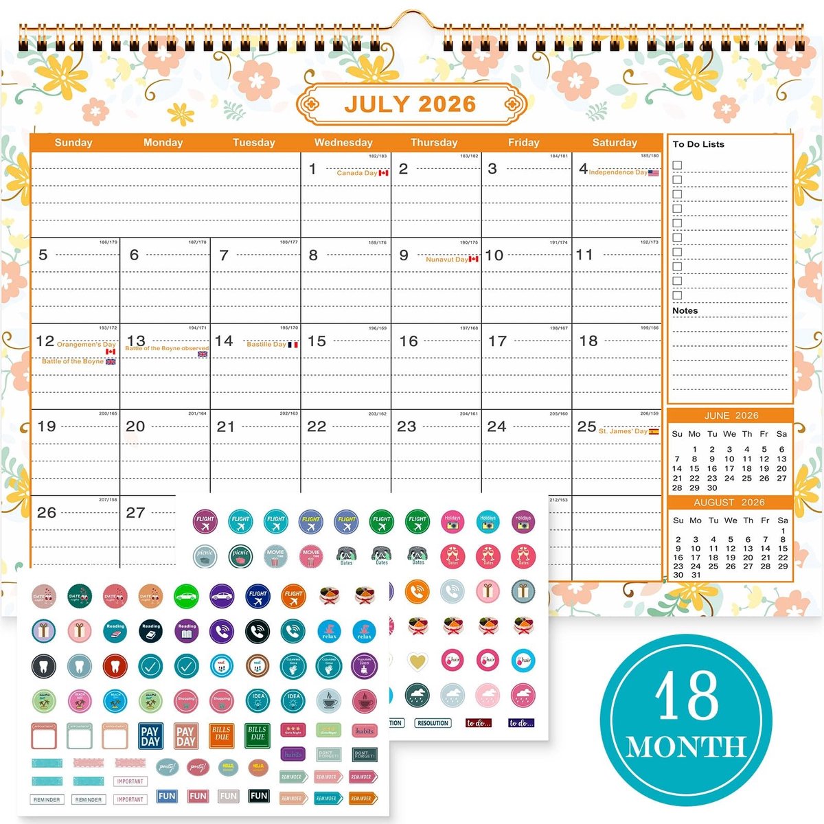 Dailygoods- Wandkalender 18 Maanden - Maandplanner 2026/2027 - Tafelkalender A4 - Feestdagen Overzicht - Spiraalgebonden - Stevige Haak - Maandkalender