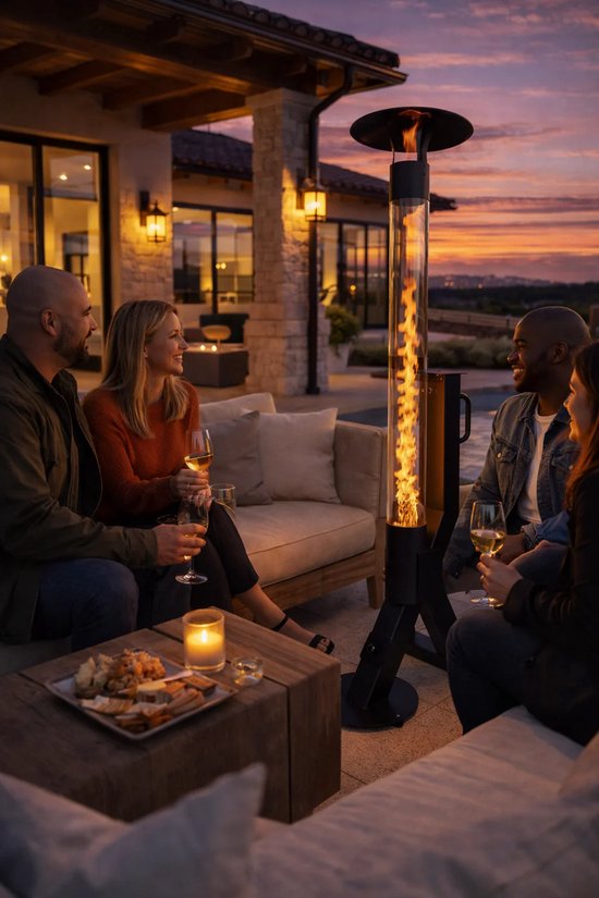 Mensen die op een terras zitten rond een brandende Flamesa staande terraskachel bij zonsondergang.