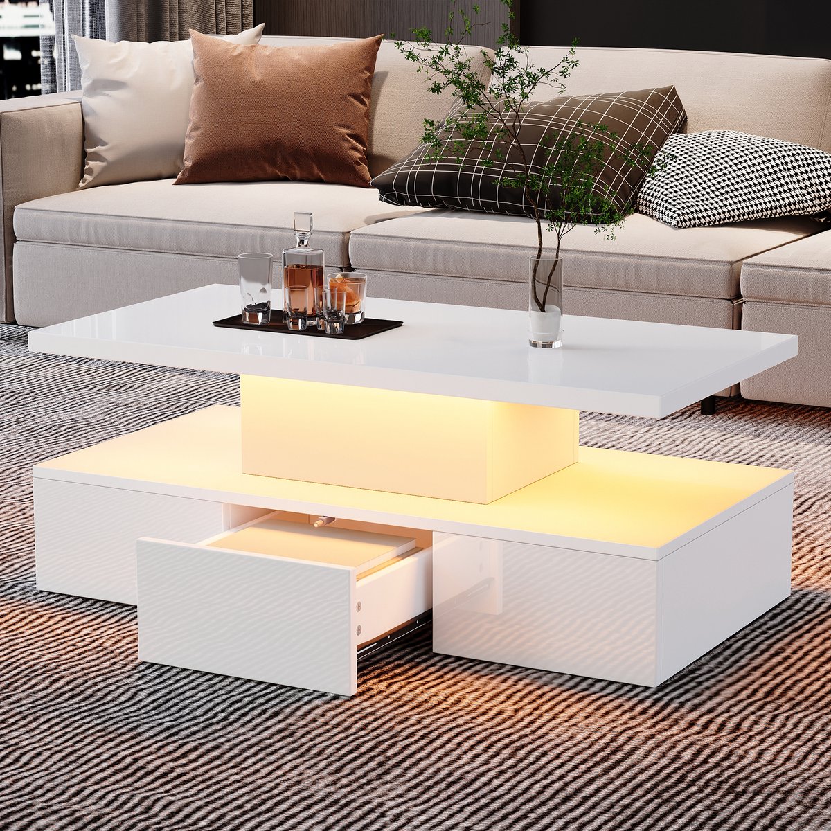 DESMIU Salontafel - Hoogglans Met Ledverlichting En Lade - Voor Woonkamer En Interieur - Spaanplaat - Wit - 100 X 50 X 39 Cm