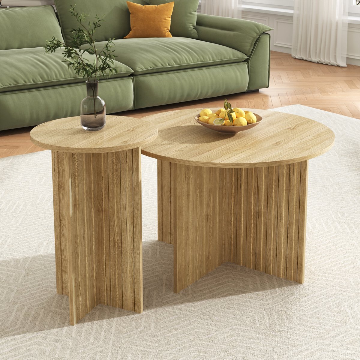DESMIU Nesting Tafel Set - Ronde Couchtafel Met Moderne Houtlook - Voor Woonkamer En Lounge - MDF En Spaanplaat - 76 X 76 X 50 Cm En 40 X 40 X 56,5 Cm - Natuurlijk Naturel