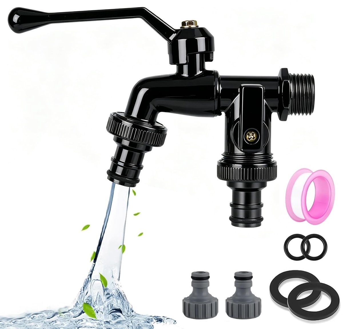 Dailygoods- Tuinkraan Dubbele Uitloopkraan - Messing - Roest- en Vorstbestendig - 1/2 inch en 3/4 inch Adapter - Inclusief 2 Slangaansluitingen - Gewicht 400 gram - Afvoerkraan