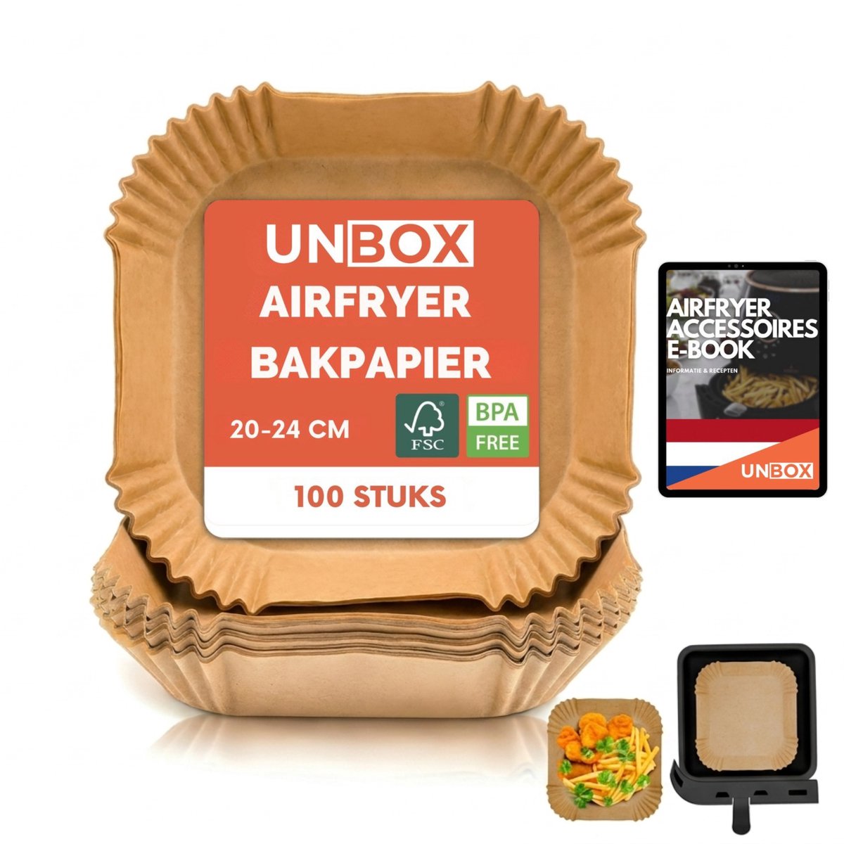 UNBOX Airfryer Bakpapier - Airfryer Accessoires - Bakpapier Airfryer - Airfryer Bakjes voor Airfryer XL & XXL - Airfryer Bakpapier Vierkant voor Heteluchtfriteuse - 20-24 cm - 100 stuks