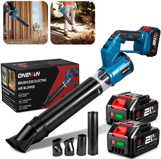 Een blauwe en zwarte ONEVAN accu bladblazer met twee 21V batterijen. De set bevat ook accessoires.