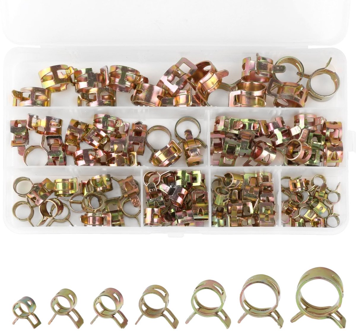 Dailygoods- Slangklemmen Assortiment 105 Stuks - Slangklemmen RVS - Veerklemmen - Slang Bevestiging - Benzineslang Klemmen - Maten 6/7/8/9/10/12/14 mm