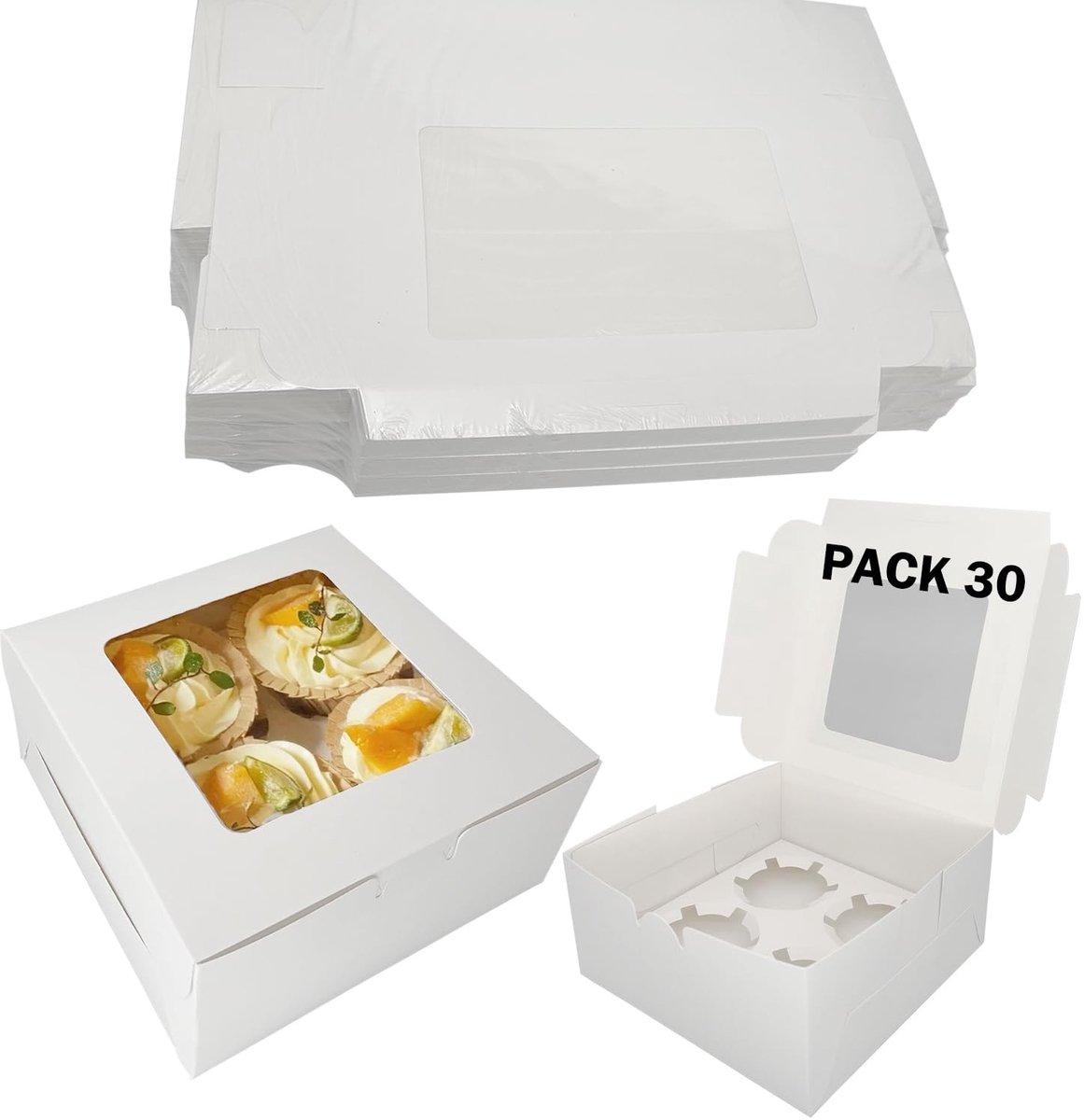 Dailygoods- Cupcake-dozen Set van 30 - Taartdoos met 4 Gaten - Hoogwaardig Kraftpapier - 16 x 16 x 7,6 cm - Voedselveilig Materiaal