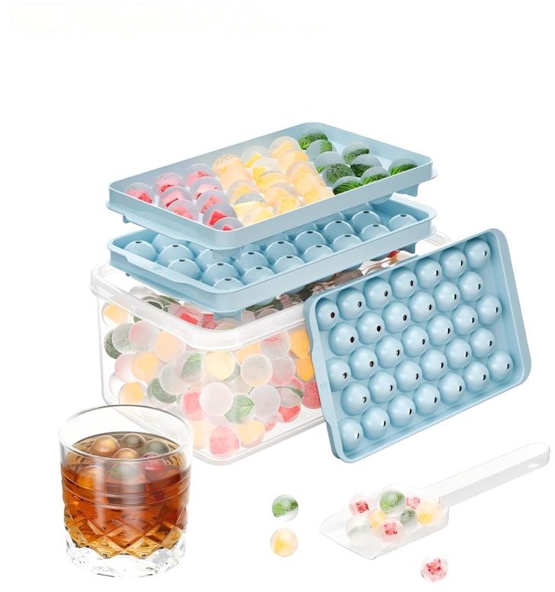 Ronde IJsblokjesvormen met Deksel & Opbergbak – 99 IJsballen van 2,5 cm – BPA-vrij – Easy Release – Voor Whisky, Cocktails, Koffie & Sap – Blauw – 3 Bakjes
