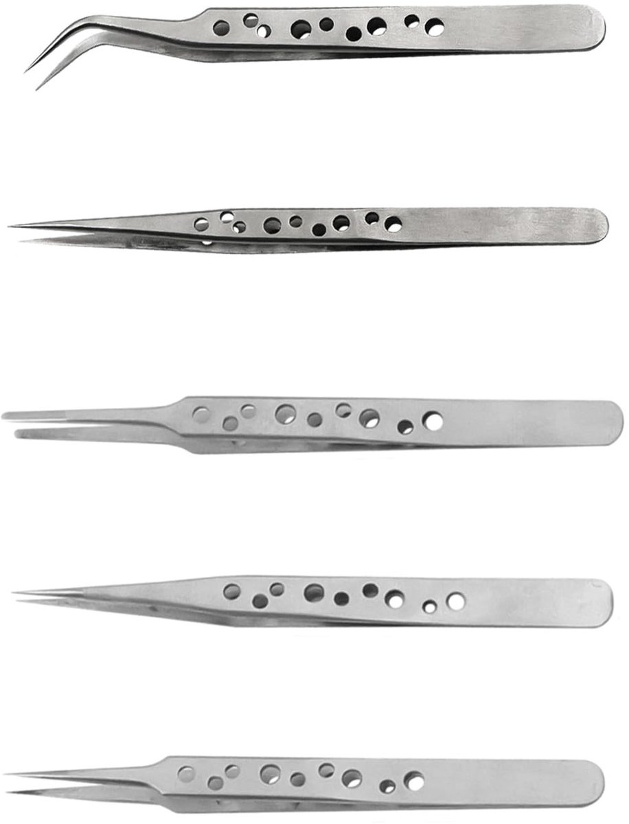 Dailygoods - Antistatische pincetten - Precisie pincet set - Roestvrij staal - 5 stuks - Geschikt voor sieraden en elektronische reparatie - Zilver