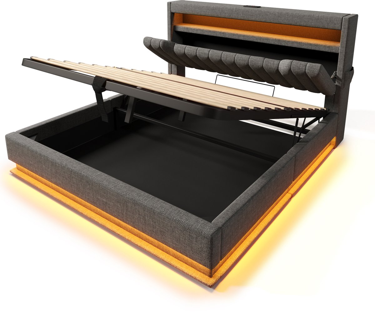 VVBV Bed met opbergruimte 160x200 / Tweepersoonsbed 160x200 – met Hydraulische Opbergruimte, LED-Verlichting, USB, USB-C, Stopcontact – Hoofdbord – Linnen Gray