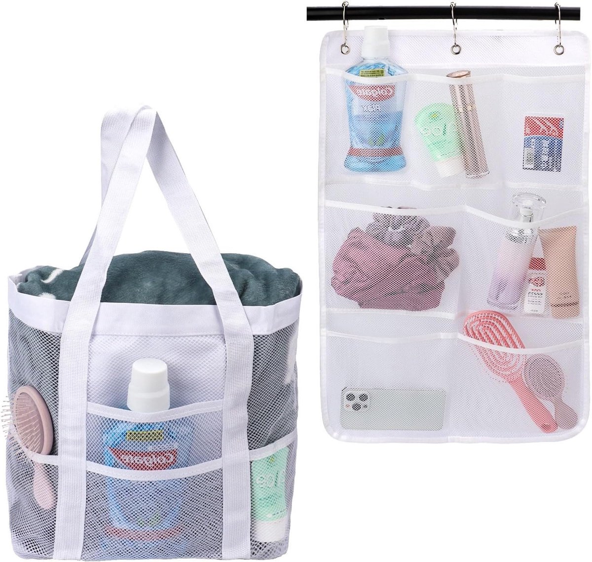 Essentiële Reisopbergset in Wit - Inclusief Sneldrogende Hangorganizer met 7 Vakken en Grote Draagtas, Perfect voor Thuis en Op Reis, Handig en Ruimtelijk