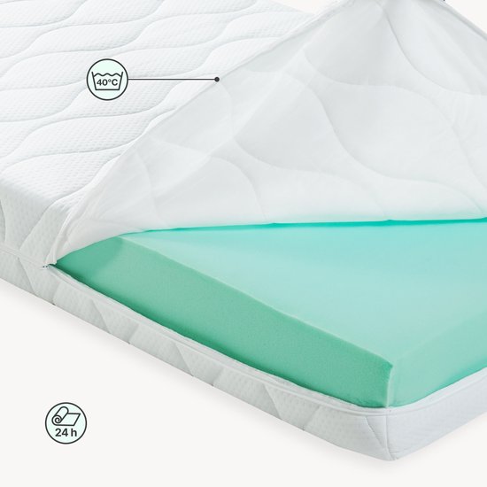 Witte matras met afneembare hoes en een groene schuimlaag. Wasbaar op 40°C, droogt in 24 uur.