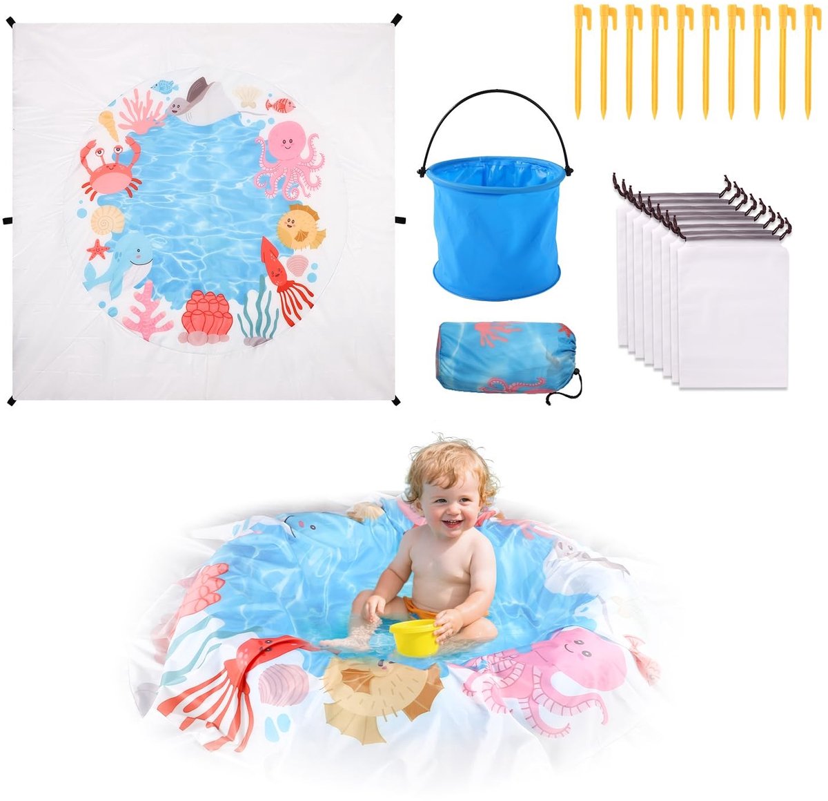 Dailygoods- Kinderstrandzwembad Multicolor - Draagbaar Polyester - Opbergtas - Wateremmer - Grondspijkers - Zandzakken - 196 x 196 cm - Opblaasbaar Zwembad