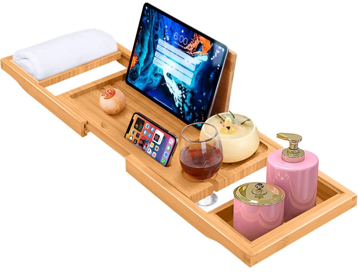 Dailygoods- Badrek Uitschuifbaar - Antislip Bamboe - Verstelbaar Ontwerp - Luxe Badplank - Geschikt voor Tablet/Boek - 100% Natuurlijk Hout