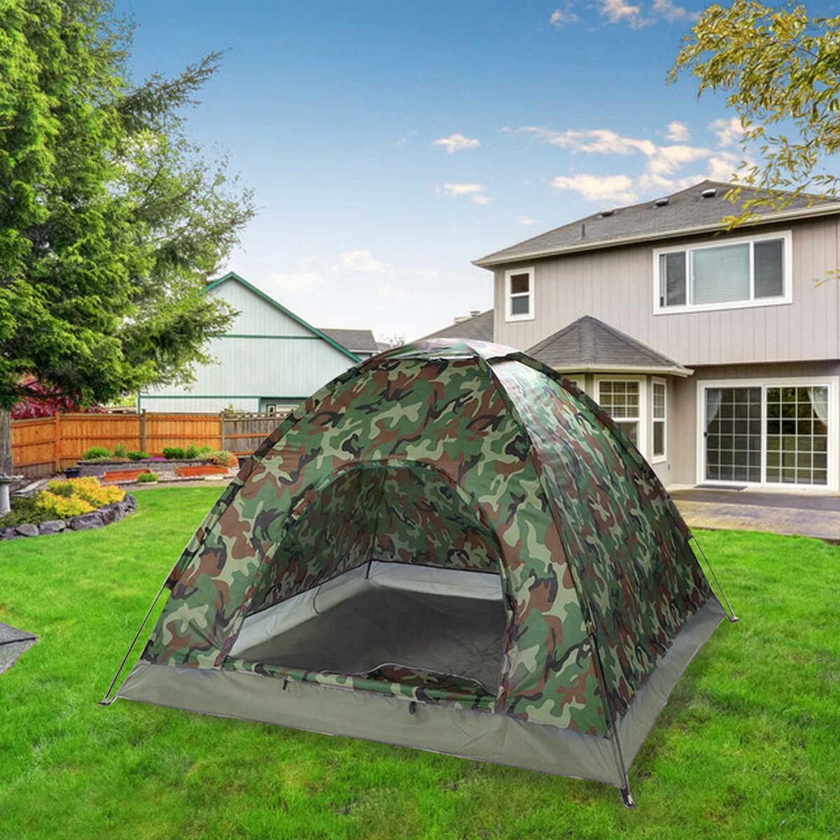 Camouflagetent - Twee personen - Camouflage - Inclusief accessoires: 4 tentharingen, 2 tentstokken, 1 opbergtas - Tent met één laag - 200 x 150 x 110 cm - Oxford-stof (niet waterdicht) – foto 2
