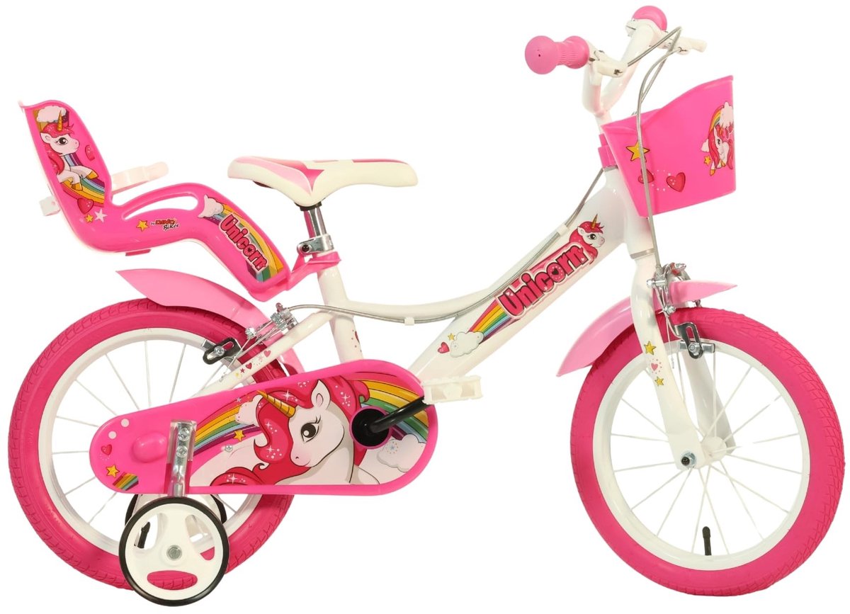 Solidchoice- Kinderfiets 16 Inch - Roze Fiets met Eenhoornsticker - Verstelbaar Zadel/Stuur - Afneembare Steunwielen - Inclusief Mandje - Veiligheidswaarschuwing No Luchtbanden