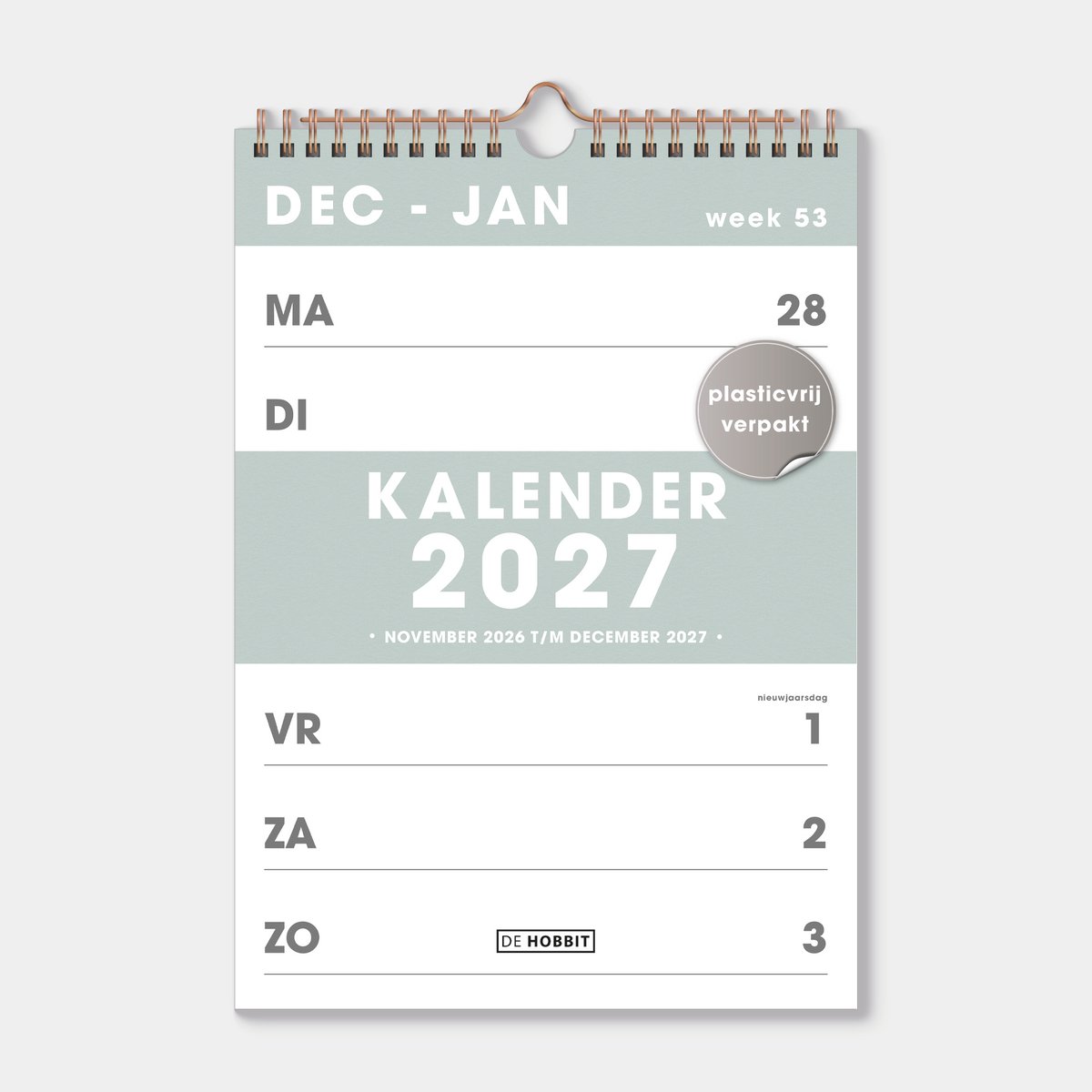 Hobbit - Spiraalkalender 2027 - A4 (29,7 x 21 cm) - Weekplanner - Weekkalender - Grijs/Groen