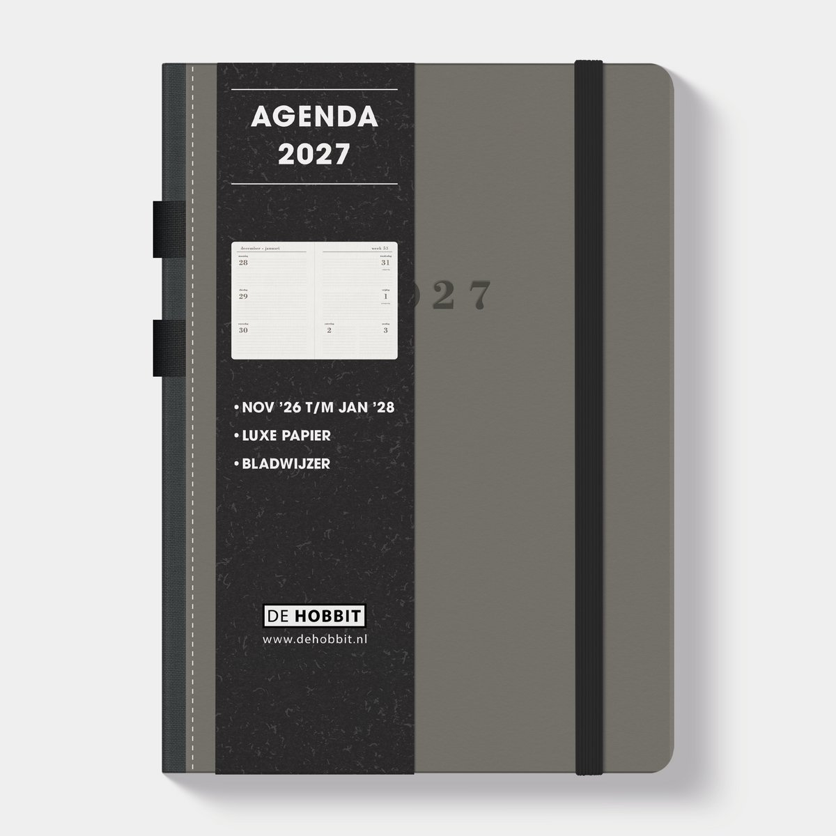 Hobbit - Luxe Agenda 2027 - Agenda A5 (14,8 x 21 cm) - 1 week op 2 pagina's - Harde Kaft - Suèdelook Grijs