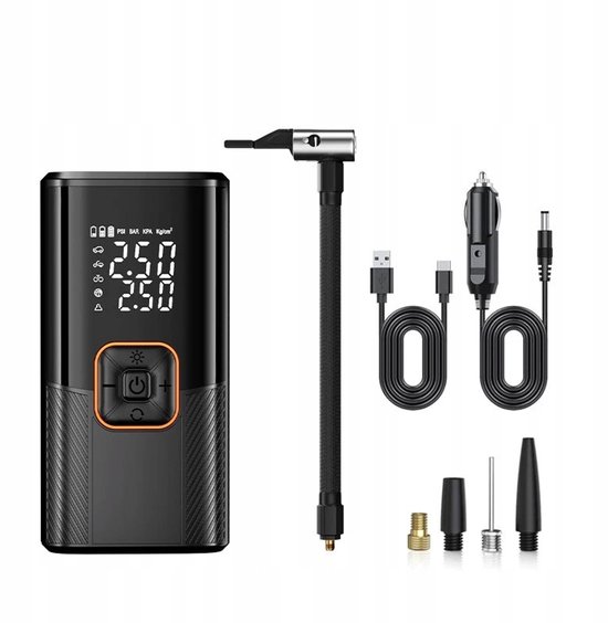 Draadloze Bandenpomp - Compressor - Luchtcompressor - 3000mAh Draadloos & Oplaadbaar - 10.3bar - Digitaal Display & Auto-stop - 4 Mondstukken Universeel - Compact & Incl. Tas - Voor Auto, Fiets & Bal — afbeelding 3