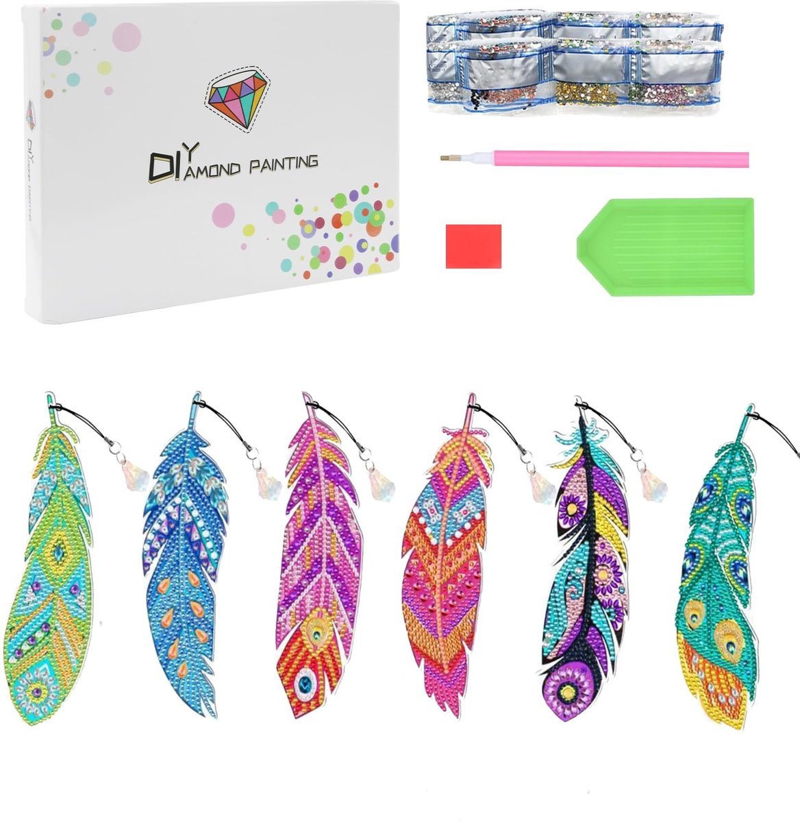 Dailygoods- Bladwijzer 6 stuks - Diamantschilderen - Kunstveer met kristallen hanger - Ambachtelijke cadeauset - Voor kinderen/volwassenen - Doe-het-zelf - Boekenlegger