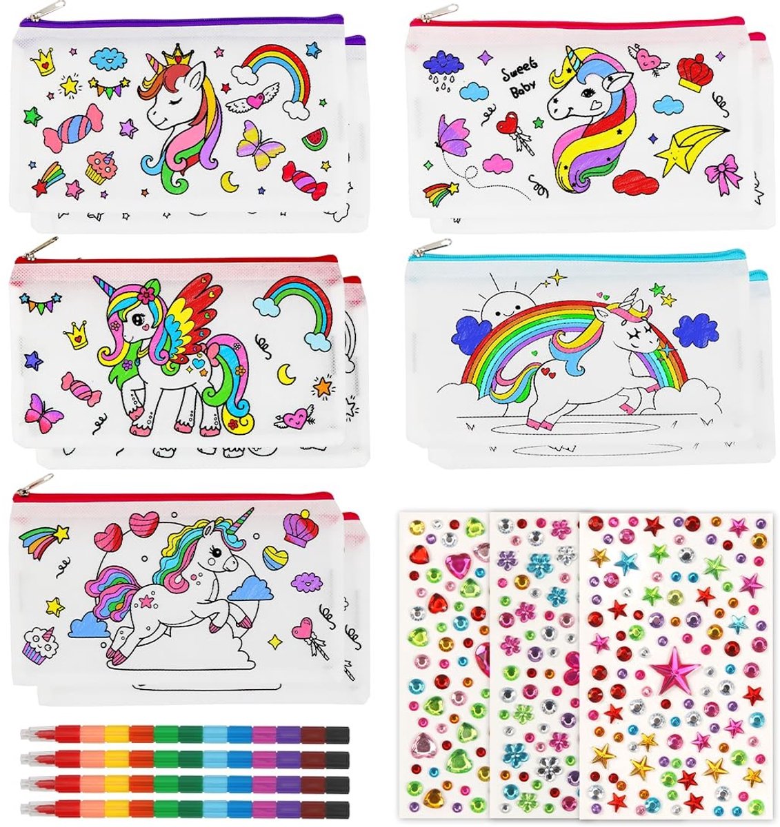 Dailygoods- Pennenetui met ritssluiting - 10 stuks - opbergtas - voor kinderen - inclusief waskrijtjes - afmetingen 21 x 12 cm - Kleurdoos