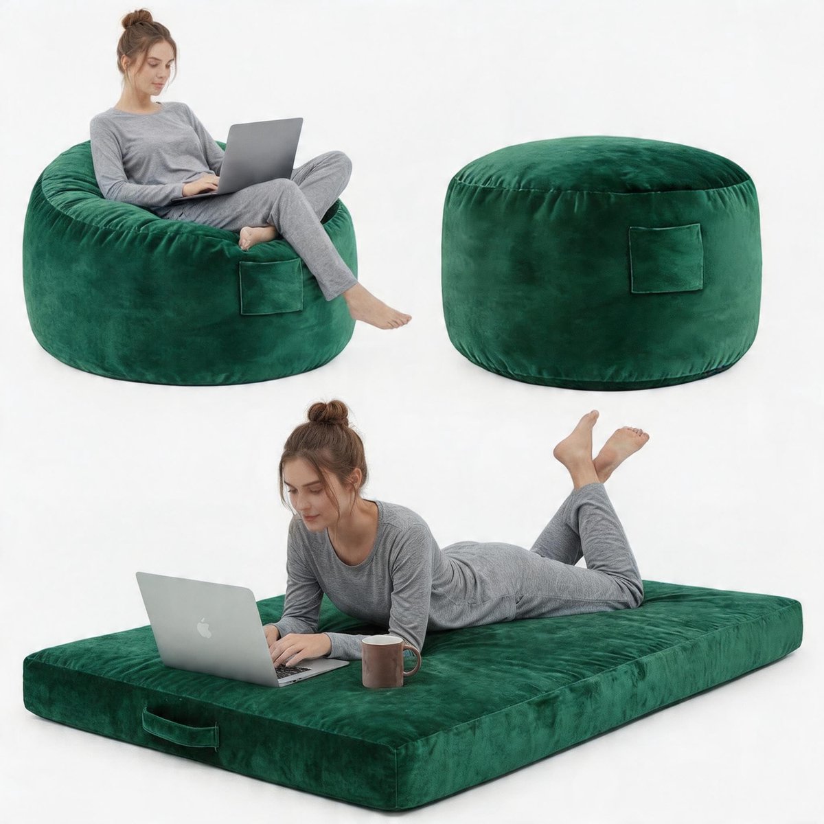 Fluweel Zitzak 2-in-1 - Beanbag Bed en Lounger - Fluweel Zacht - Afneembare Wasbare Hoes - Gamer Vloerbank voor Woonkamer, Slaapkamer - Groen