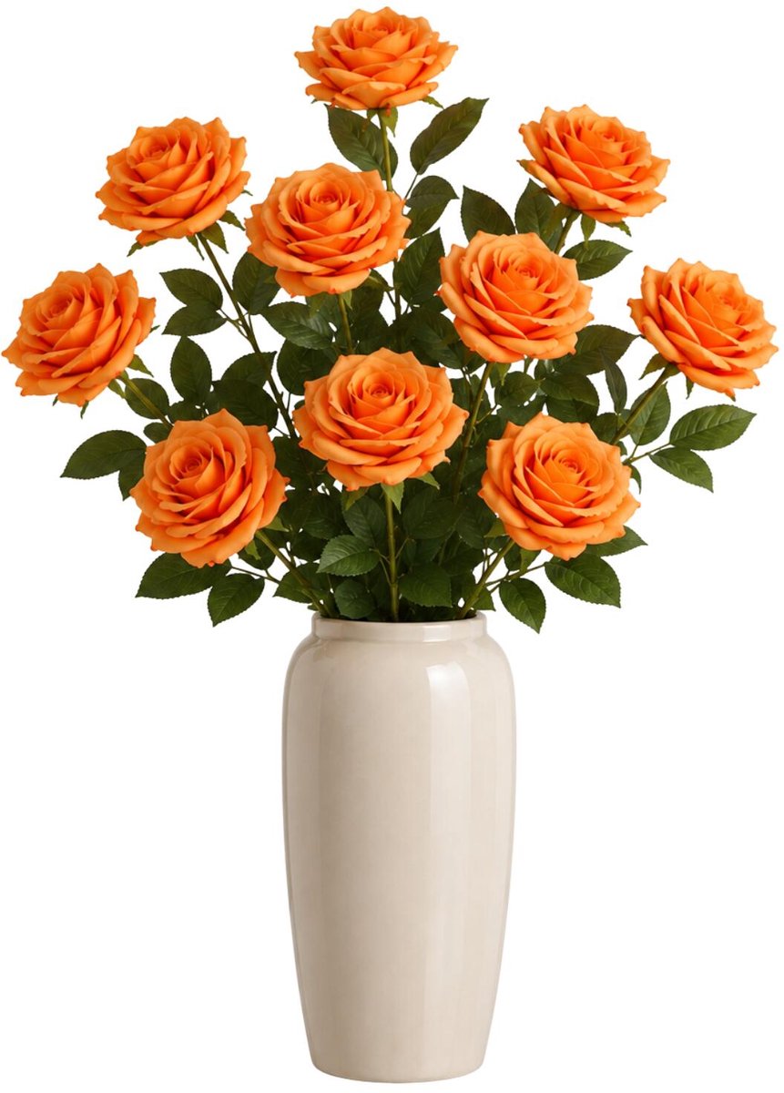 Bellatio Design Kunstbloem Roos Dijon - 12x - 64 cm - perzik oranje - zijde kunstbloemen - Boeket - stelen - rozen