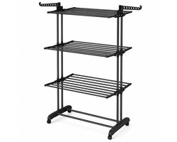 Home & Marker - Droogrek Inklapbaar - Wasrek Opvouwbaar - Droogtoren 3-Laags - Staand Wasrek met Wielen - 35 kg Draagvermogen - Ruimtebesparend - Zwart - DRYKO