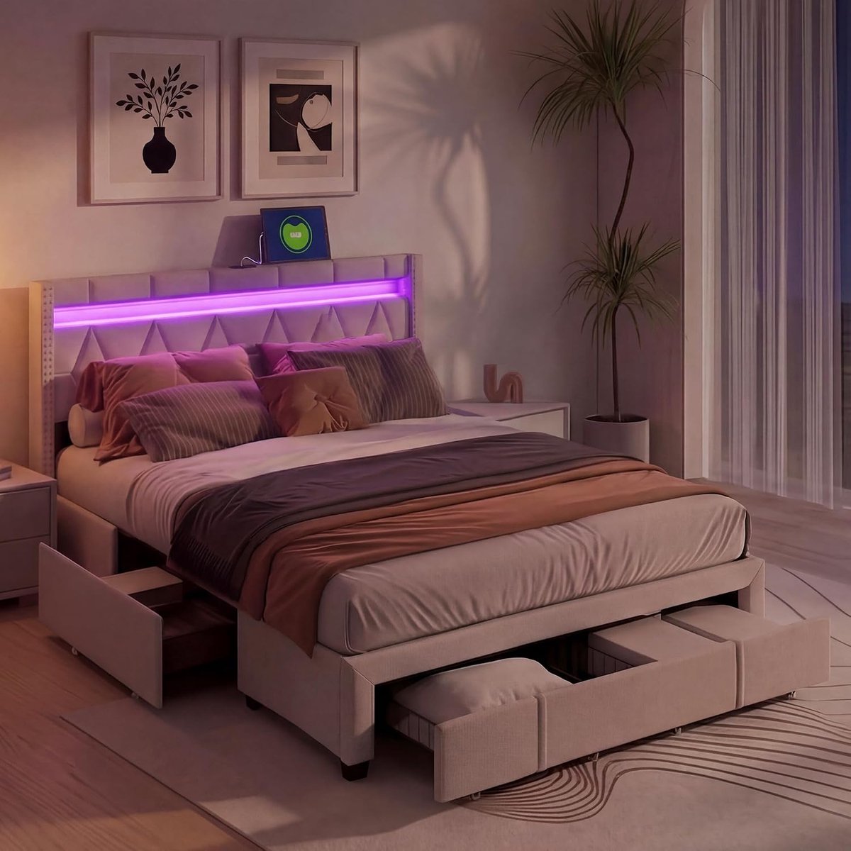 Bed met Opbergruimte - Tweepersoonsbed - Moderne Slaapkamer - Geïntegreerde LED en USB - 160 x 200 cm - Beige