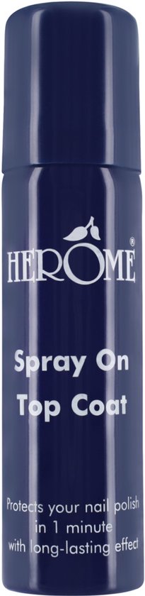 Blauwe spuitbus met "Spray On Top Coat" op het etiket.
