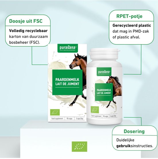 Doos en fles met bruine paard in melk splash. 'Paardenmelk Lait de Jument' op groene band.