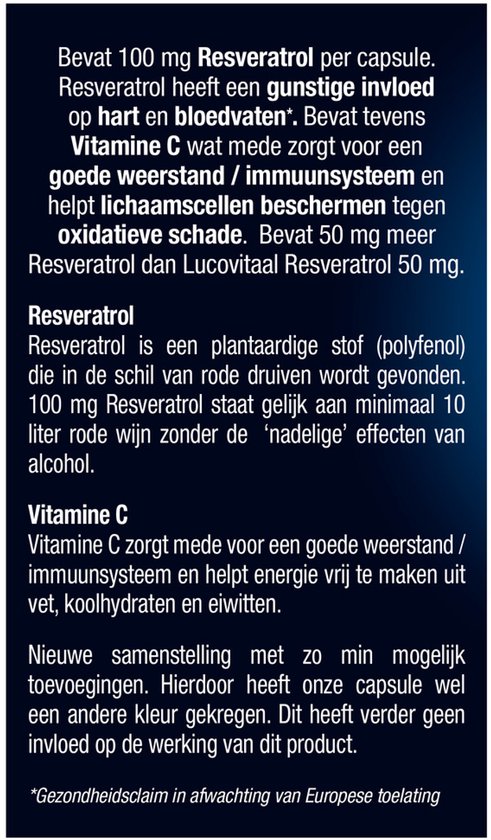 Informatie over ingrediënten: 100 mg Resveratrol per capsule, Vitamine C.