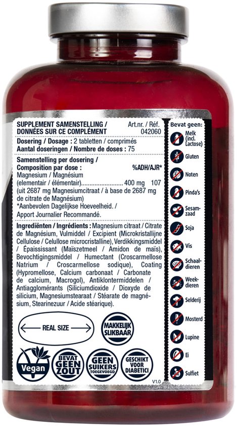 Rode pot met zilverkleurige dop, met het etiket van Lucovitaal Magnesium citraat 400 mg.