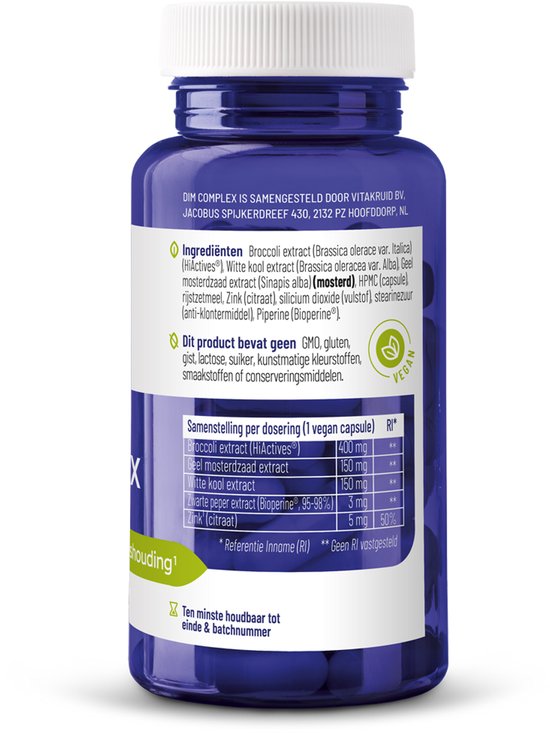 Blauwe kunststof pot met wit schroefdeksel. Het etiket bevat ingrediëntenlijst, samenstelling per dosering en vegan logo. 60 vegan capsules.