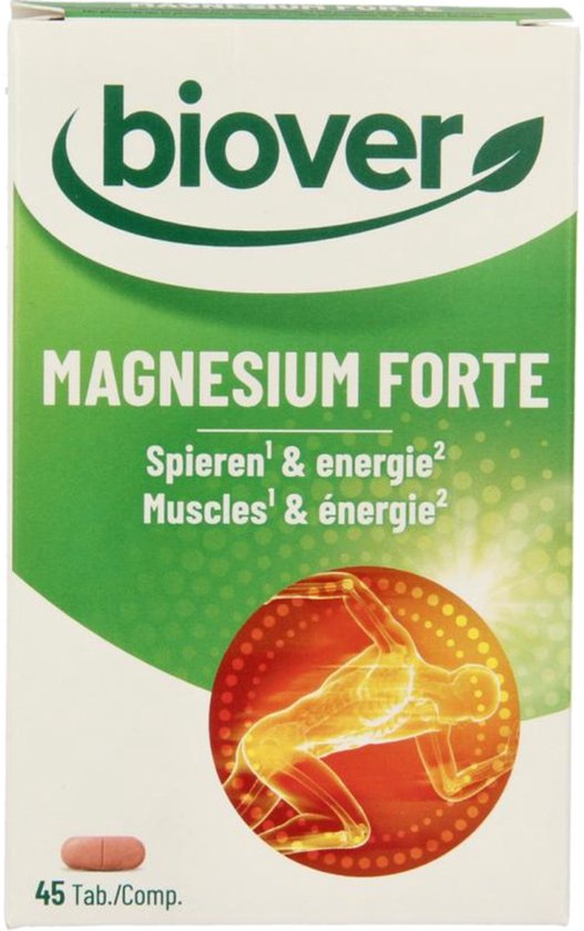 Biover Magnesium Forte, 45 tabletten, met afbeelding van een rennend figuur in een rode cirkel.